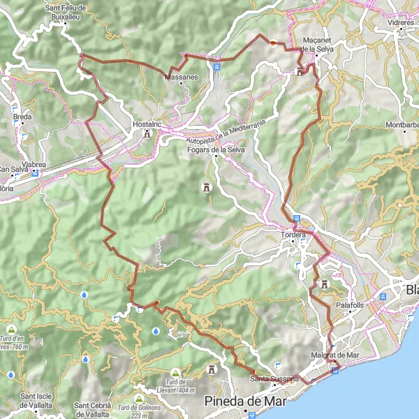 Miniatura mapy "Przejażdżka gravelowa z Malgrat de Mar do Castell de Palafolls" - trasy rowerowej w Cataluña, Spain. Wygenerowane przez planer tras rowerowych Tarmacs.app