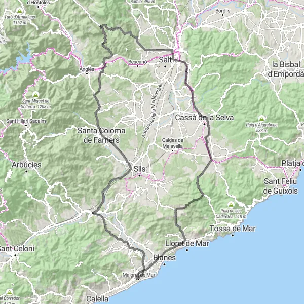 Miniatua del mapa de inspiración ciclista "Gran Ruta en Carretera por Lloret de Mar" en Cataluña, Spain. Generado por Tarmacs.app planificador de rutas ciclistas