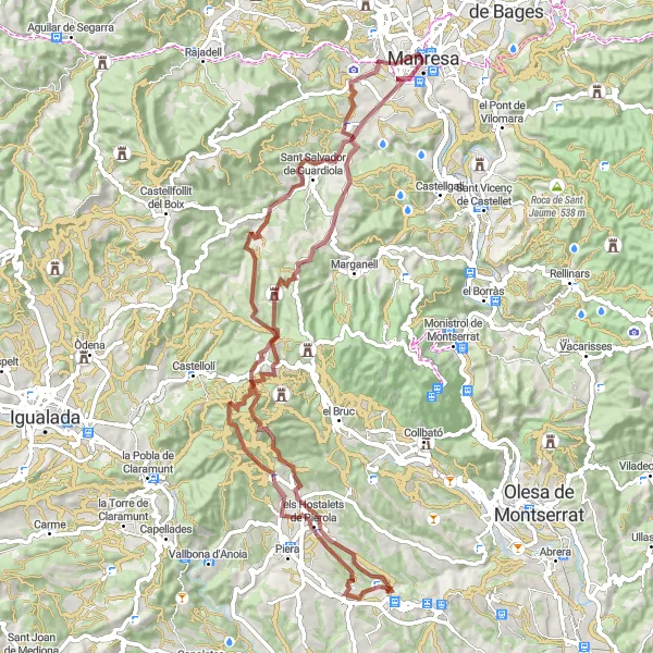 Miniatura della mappa di ispirazione al ciclismo "Escursione gravel intorno a Manresa" nella regione di Cataluña, Spain. Generata da Tarmacs.app, pianificatore di rotte ciclistiche