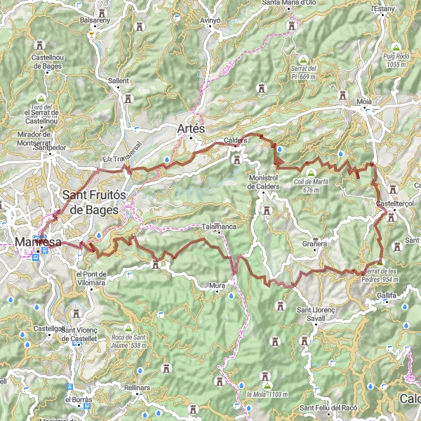 Miniatura della mappa di ispirazione al ciclismo "Scopri i tesori nascosti nei dintorni di Manresa" nella regione di Cataluña, Spain. Generata da Tarmacs.app, pianificatore di rotte ciclistiche