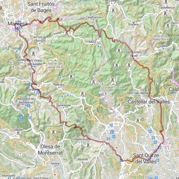 Map miniature of "Wilderness and History: Montserrat and Beyond" cycling inspiration in Cataluña, Spain. Generated by Tarmacs.app cycling route planner