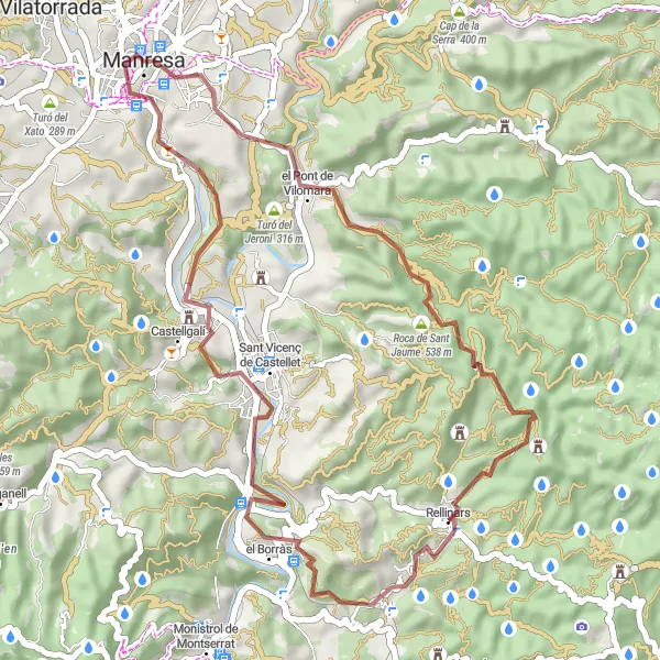 Miniaturní mapa "Přírodní gravelové stezky kolem Manresy" inspirace pro cyklisty v oblasti Cataluña, Spain. Vytvořeno pomocí plánovače tras Tarmacs.app