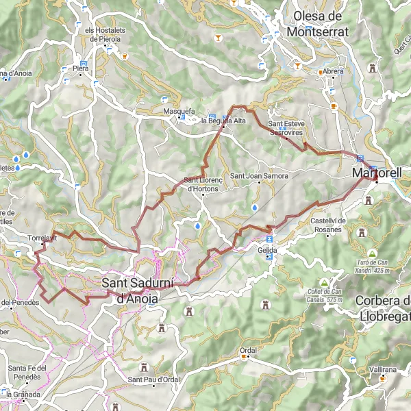 Miniatura della mappa di ispirazione al ciclismo "Giro in Gravel da Martorell a Roques Tortes" nella regione di Cataluña, Spain. Generata da Tarmacs.app, pianificatore di rotte ciclistiche