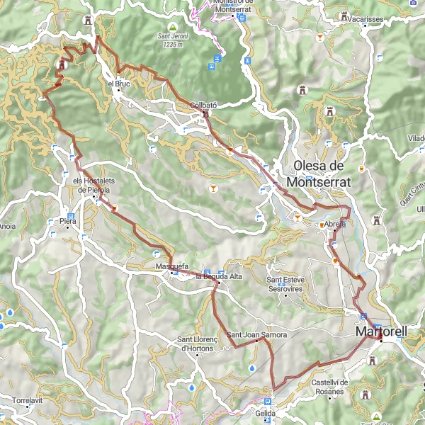 Miniature de la carte de l'inspiration cycliste "Les Roques Tortes et les Roca Dreta Gravel Loop" dans la Cataluña, Spain. Générée par le planificateur d'itinéraire cycliste Tarmacs.app
