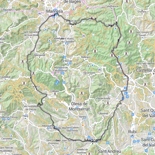Map miniature of "Challenging Road Cycling Route near Martorell" cycling inspiration in Cataluña, Spain. Generated by Tarmacs.app cycling route planner