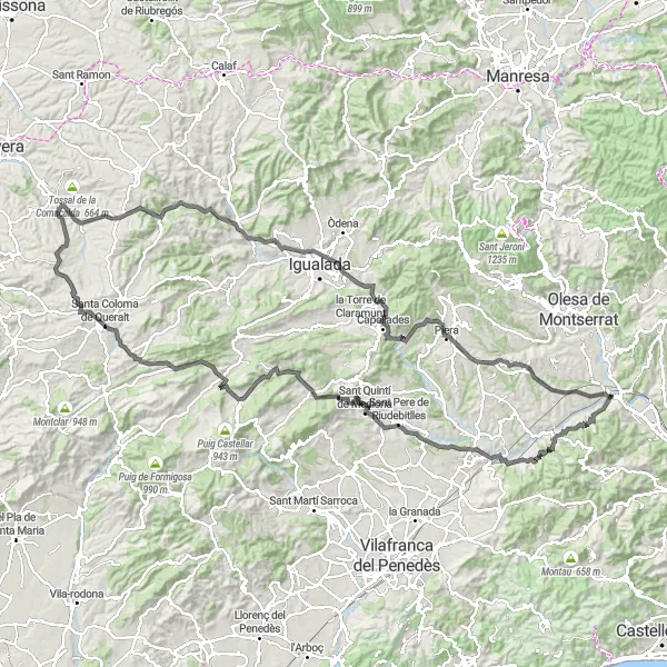 Map miniature of "Martorell Road Tour" cycling inspiration in Cataluña, Spain. Generated by Tarmacs.app cycling route planner