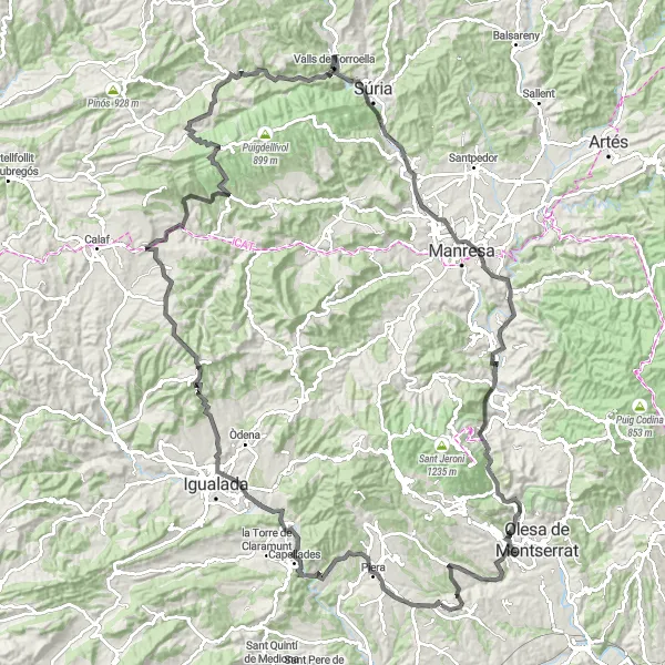 Map miniature of "The Vineyards and Mountains Loop" cycling inspiration in Cataluña, Spain. Generated by Tarmacs.app cycling route planner