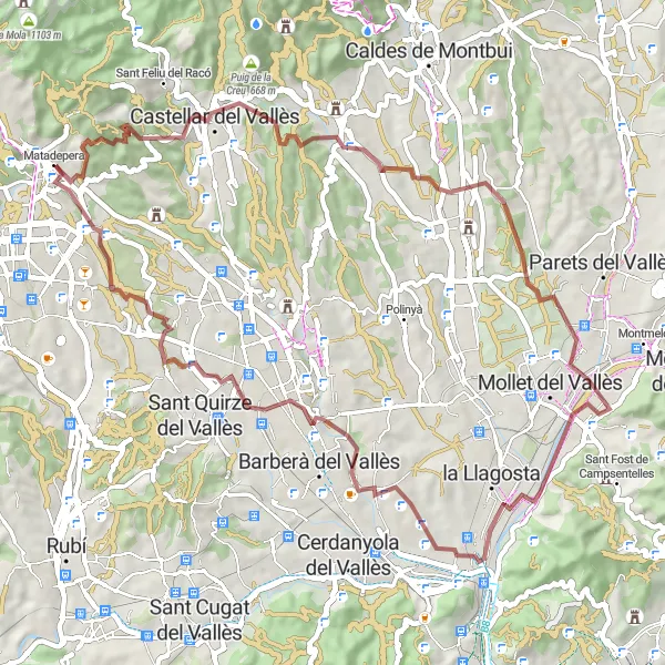 Miniatura della mappa di ispirazione al ciclismo "Giro in bicicletta Matadepera - Sentmenat - Castell de Can Feu" nella regione di Cataluña, Spain. Generata da Tarmacs.app, pianificatore di rotte ciclistiche