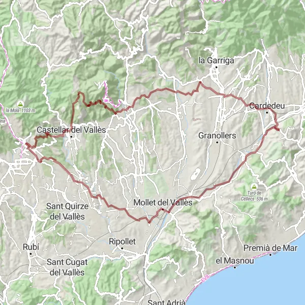 Miniaturekort af cykelinspirationen "Grusvej rute til Santa Agnès de Malanyanes" i Cataluña, Spain. Genereret af Tarmacs.app cykelruteplanlægger