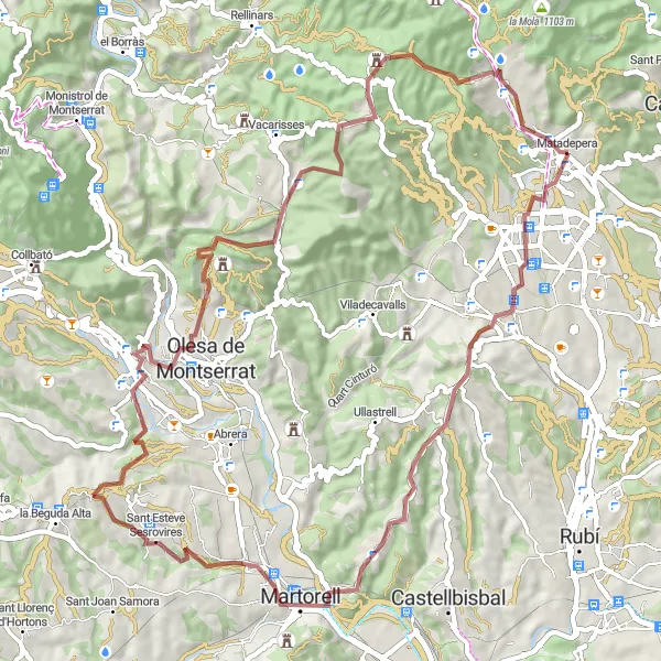 Miniatua del mapa de inspiración ciclista "Ruta circular de grava a Collbató y Sant Pau de la Guàrdia" en Cataluña, Spain. Generado por Tarmacs.app planificador de rutas ciclistas
