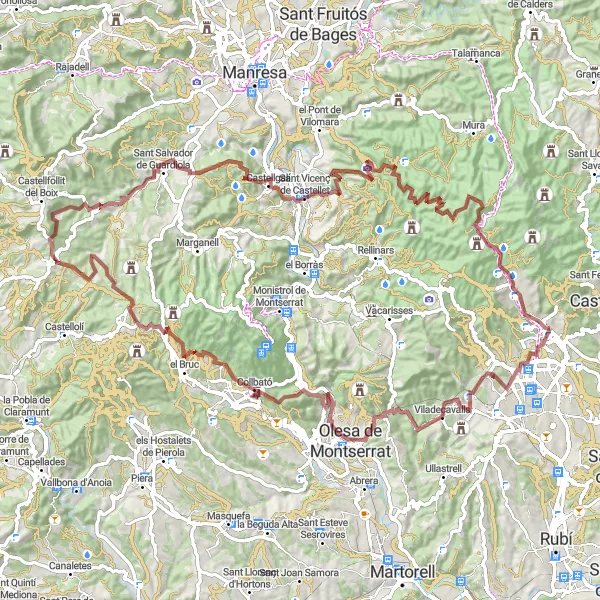 Miniatua del mapa de inspiración ciclista "Ruta circular de grava a Viladecavalls y Tines de l’Oliva" en Cataluña, Spain. Generado por Tarmacs.app planificador de rutas ciclistas