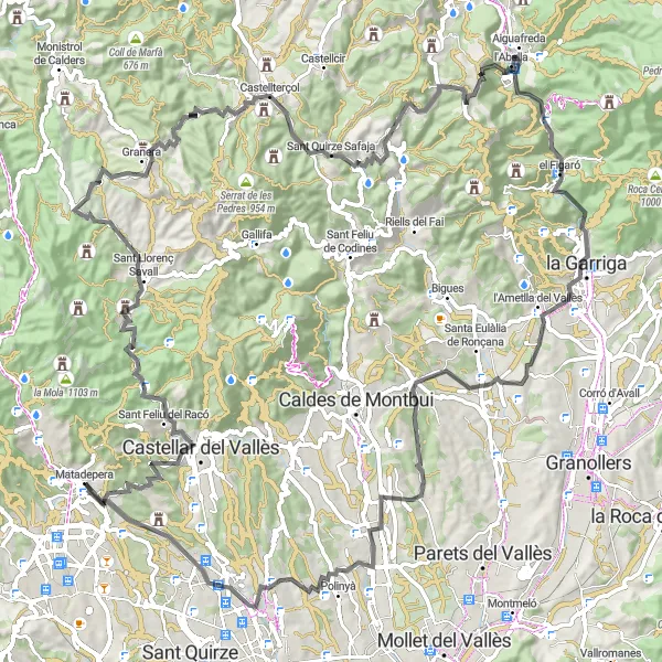 Map miniature of "From Matadepera to Granera" cycling inspiration in Cataluña, Spain. Generated by Tarmacs.app cycling route planner