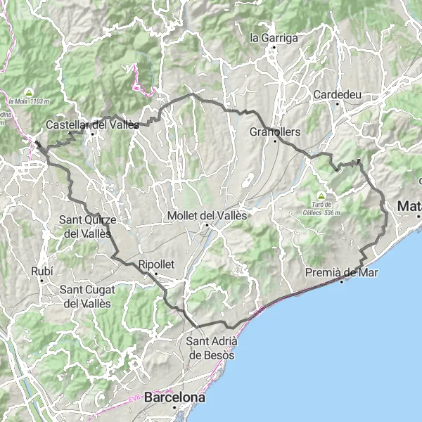 Miniatua del mapa de inspiración ciclista "Ruta circular de carretera a Montgat y Santa Coloma de Gramenet" en Cataluña, Spain. Generado por Tarmacs.app planificador de rutas ciclistas