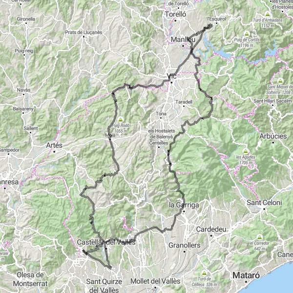 Miniatura della mappa di ispirazione al ciclismo "Ciclista della Montagna di Matadepera" nella regione di Cataluña, Spain. Generata da Tarmacs.app, pianificatore di rotte ciclistiche