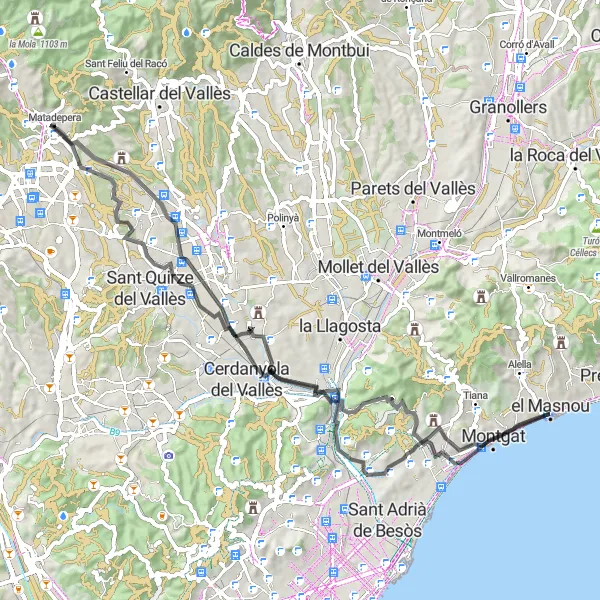 Miniatua del mapa de inspiración ciclista "Ruta en carretera a Montigalà y Barberà del Vallès" en Cataluña, Spain. Generado por Tarmacs.app planificador de rutas ciclistas