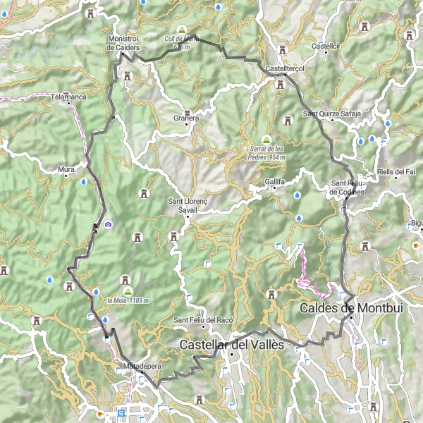 Miniatura della mappa di ispirazione al ciclismo "Giro panoramico tra Montseny e Montserrat" nella regione di Cataluña, Spain. Generata da Tarmacs.app, pianificatore di rotte ciclistiche