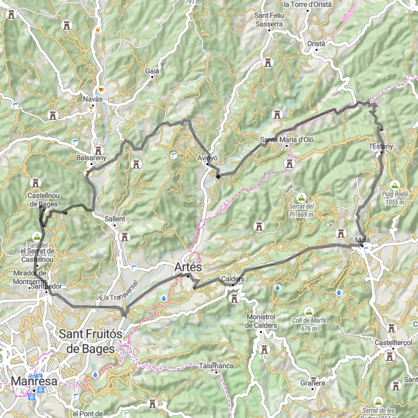 Miniatura mapy "Trasa Moià - Serrat de la Malla - Turó del Soler - Castellnou de Bages - Turó de Guillempere - Avinyó - l'Estany - Serrat del Llamp" - trasy rowerowej w Cataluña, Spain. Wygenerowane przez planer tras rowerowych Tarmacs.app