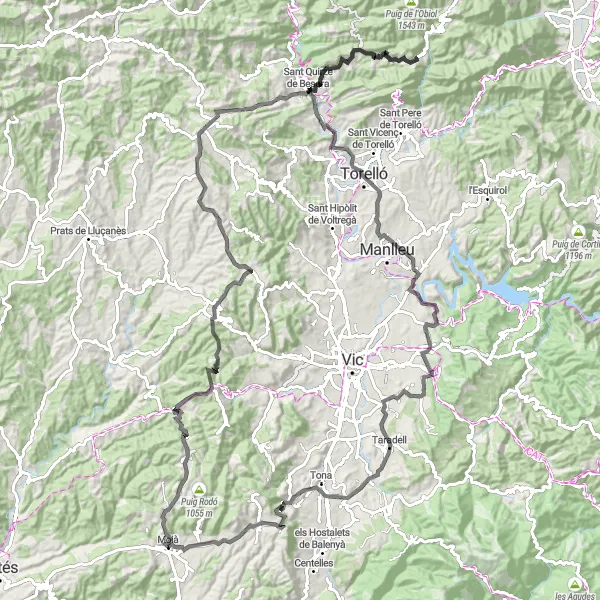 Miniatura della mappa di ispirazione al ciclismo "Circuito in bicicletta tra l'Estany e Roc de la Guàrdia" nella regione di Cataluña, Spain. Generata da Tarmacs.app, pianificatore di rotte ciclistiche
