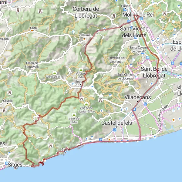 Miniatura della mappa di ispirazione al ciclismo "Percorso gravel di 78 km da Molins de Rei" nella regione di Cataluña, Spain. Generata da Tarmacs.app, pianificatore di rotte ciclistiche