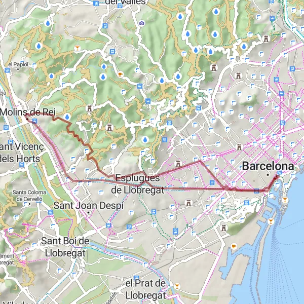 Miniatura della mappa di ispirazione al ciclismo "Percorso in bicicletta gravel di 39 km da Molins de Rei" nella regione di Cataluña, Spain. Generata da Tarmacs.app, pianificatore di rotte ciclistiche