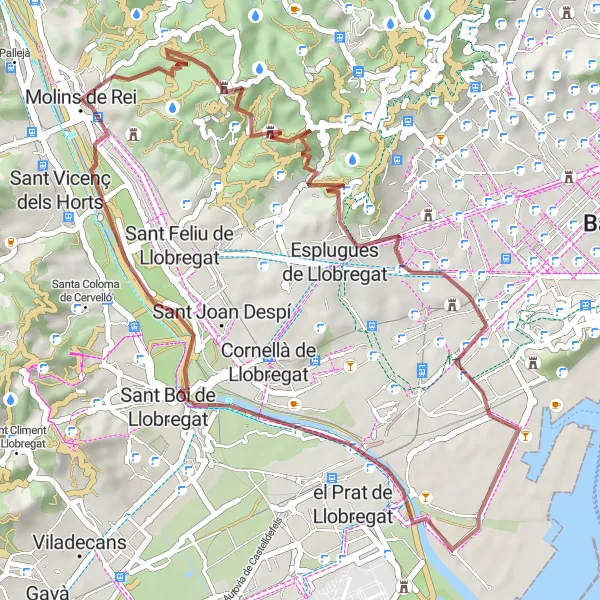 Map miniature of "Exploring Gravel Trails near Molins de Rei" cycling inspiration in Cataluña, Spain. Generated by Tarmacs.app cycling route planner