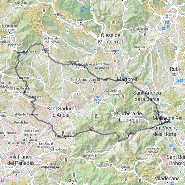 Map miniature of "Traversing Picturesque Routes near Molins de Rei" cycling inspiration in Cataluña, Spain. Generated by Tarmacs.app cycling route planner