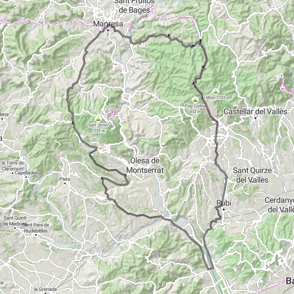 Miniatura della mappa di ispirazione al ciclismo "Giro in bici da Molins de Rei con salita di 2394 m" nella regione di Cataluña, Spain. Generata da Tarmacs.app, pianificatore di rotte ciclistiche