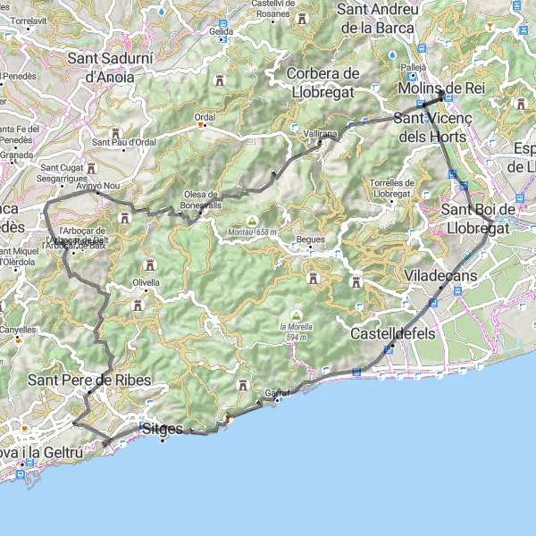 Map miniature of "Road Cycling Adventure - From Molins de Rei to Rocampalta" cycling inspiration in Cataluña, Spain. Generated by Tarmacs.app cycling route planner