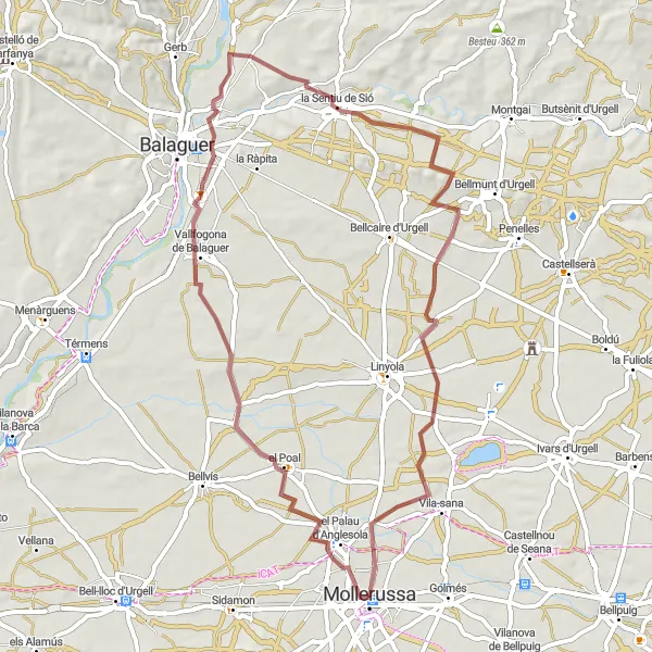 Miniatura della mappa di ispirazione al ciclismo "Giro in bicicletta lungo i vigneti di Mollerussa" nella regione di Cataluña, Spain. Generata da Tarmacs.app, pianificatore di rotte ciclistiche