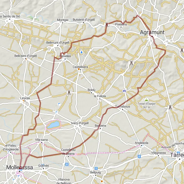 Miniatuurkaart van de fietsinspiratie "Gravelroute naar Castell de Pradell" in Cataluña, Spain. Gemaakt door de Tarmacs.app fietsrouteplanner