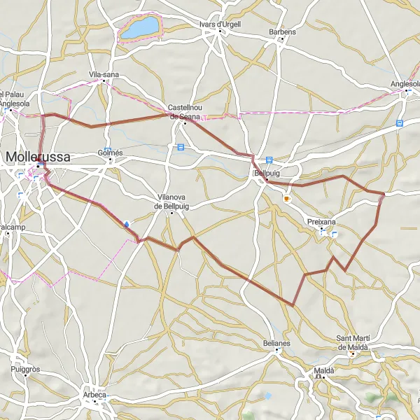 Miniatura della mappa di ispirazione al ciclismo "Giro corto di montagna intorno a Mollerussa" nella regione di Cataluña, Spain. Generata da Tarmacs.app, pianificatore di rotte ciclistiche