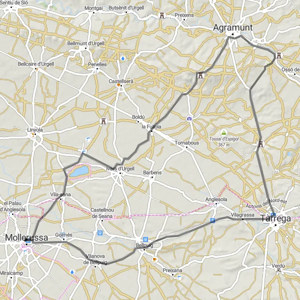 Miniaturní mapa "Jízda na kole po silnici kolem Mollerussy" inspirace pro cyklisty v oblasti Cataluña, Spain. Vytvořeno pomocí plánovače tras Tarmacs.app