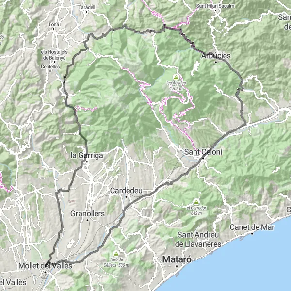 Miniatura della mappa di ispirazione al ciclismo "Sfida ciclistica intorno a Mollet del Vallès" nella regione di Cataluña, Spain. Generata da Tarmacs.app, pianificatore di rotte ciclistiche
