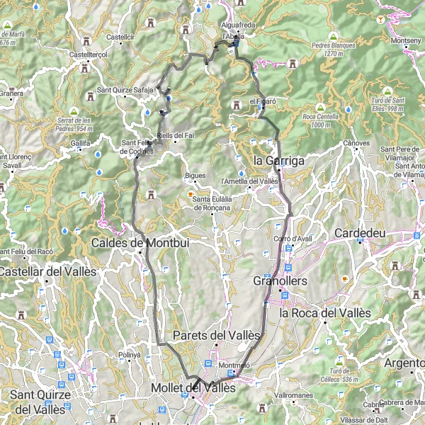 Miniatuurkaart van de fietsinspiratie "Avontuurlijke fietstocht van 75 km" in Cataluña, Spain. Gemaakt door de Tarmacs.app fietsrouteplanner