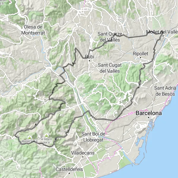 Miniatura della mappa di ispirazione al ciclismo "Cycling Adventure through Cataluña" nella regione di Cataluña, Spain. Generata da Tarmacs.app, pianificatore di rotte ciclistiche