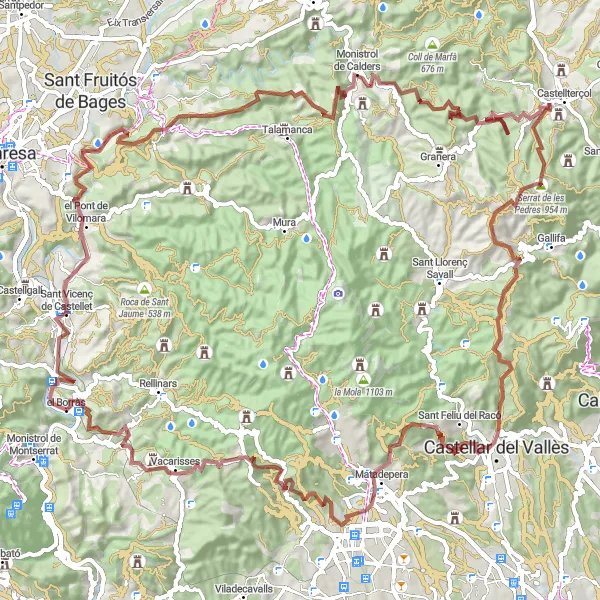 Miniatuurkaart van de fietsinspiratie "Gravelrit van Monistrol de Montserrat naar Monistrol de Montserrat via het Turó de l'Escletxa" in Cataluña, Spain. Gemaakt door de Tarmacs.app fietsrouteplanner