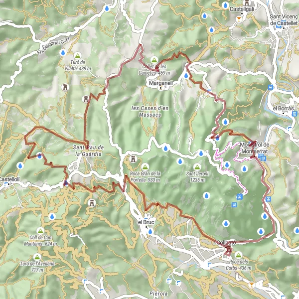 Miniaturní mapa "Gravel Adventure Around Montserrat" inspirace pro cyklisty v oblasti Cataluña, Spain. Vytvořeno pomocí plánovače tras Tarmacs.app