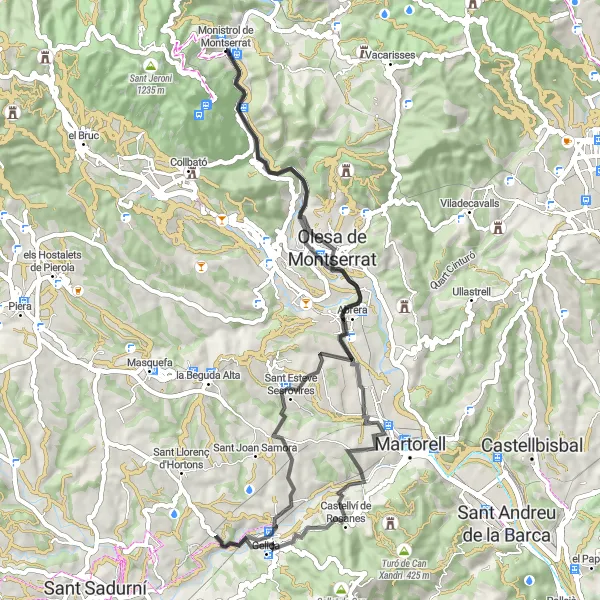 Miniatua del mapa de inspiración ciclista "Ruta de carretera de Monistrol a Abrera" en Cataluña, Spain. Generado por Tarmacs.app planificador de rutas ciclistas
