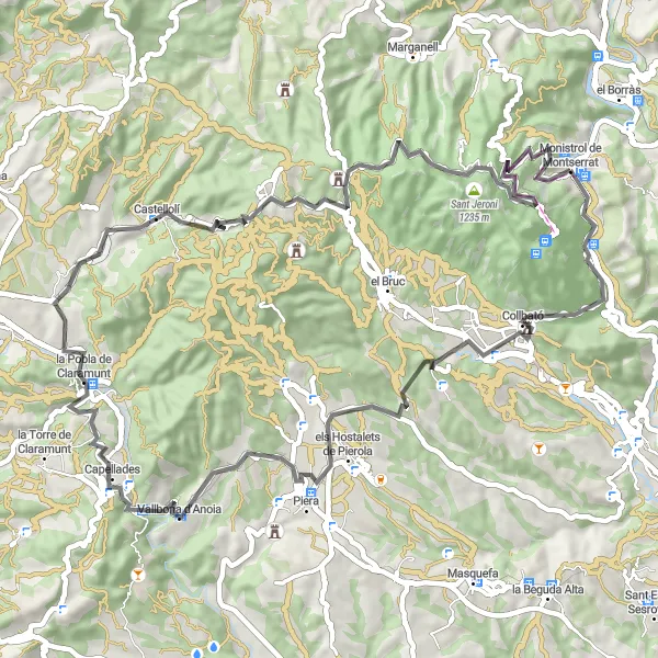 Miniatura mapy "Wspinaczka Ponad Catalunya – Szosa wokół Monistrol de Montserrat" - trasy rowerowej w Cataluña, Spain. Wygenerowane przez planer tras rowerowych Tarmacs.app