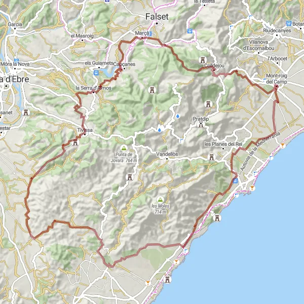 Karten-Miniaturansicht der Radinspiration "Die herausfordernde Gravel-Runde durch Mont-roig del Camp" in Cataluña, Spain. Erstellt vom Tarmacs.app-Routenplaner für Radtouren