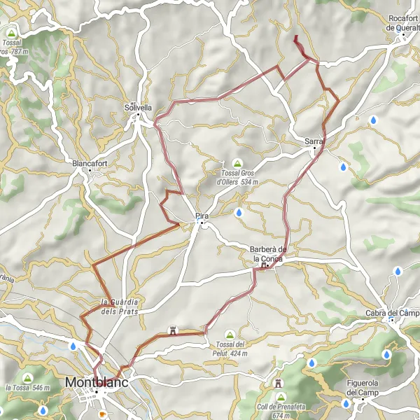 Map miniature of "Montblanc - la Guàrdia dels Prats - Punta del Romeu - Sarral - Tossal del Llanut - Sant Pere del Pinetell" cycling inspiration in Cataluña, Spain. Generated by Tarmacs.app cycling route planner