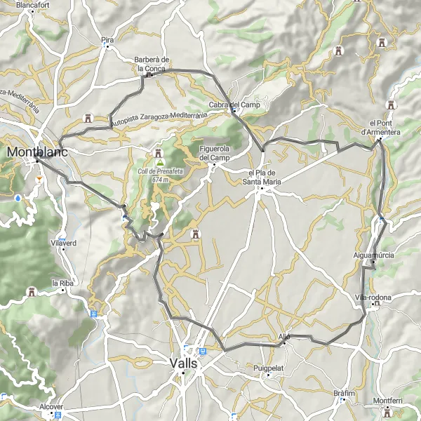 Miniatura della mappa di ispirazione al ciclismo "Giro in bicicletta da Montblanc a Coll de Lilla" nella regione di Cataluña, Spain. Generata da Tarmacs.app, pianificatore di rotte ciclistiche