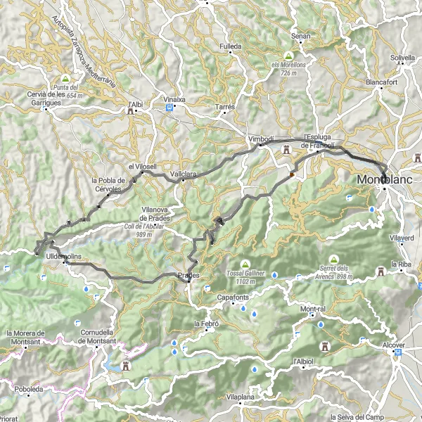 Miniatura della mappa di ispirazione al ciclismo "Giro in bicicletta da Montblanc a Castell de Montblanc" nella regione di Cataluña, Spain. Generata da Tarmacs.app, pianificatore di rotte ciclistiche