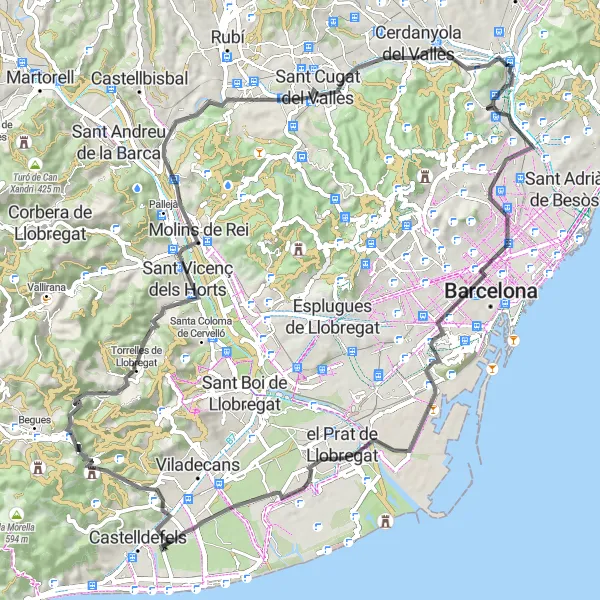 Miniatura della mappa di ispirazione al ciclismo "Avventura ciclistica nei dintorni di Montcada i Reixac" nella regione di Cataluña, Spain. Generata da Tarmacs.app, pianificatore di rotte ciclistiche