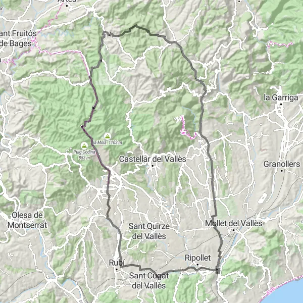 Miniatura della mappa di ispirazione al ciclismo "Salite e panorami epici in bicicletta da strada" nella regione di Cataluña, Spain. Generata da Tarmacs.app, pianificatore di rotte ciclistiche