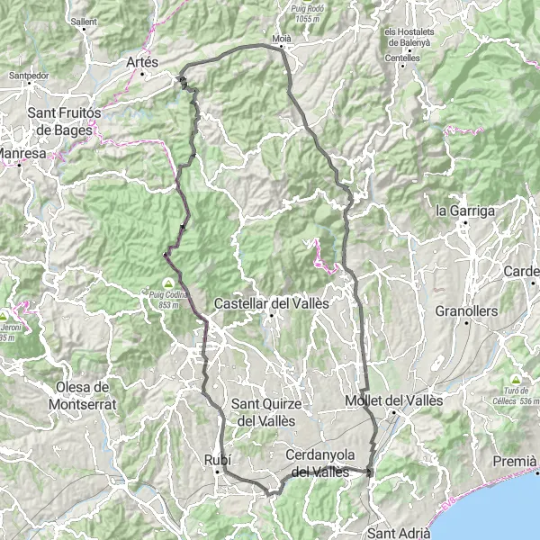 Map miniature of "Catalan Mountain Adventure" cycling inspiration in Cataluña, Spain. Generated by Tarmacs.app cycling route planner