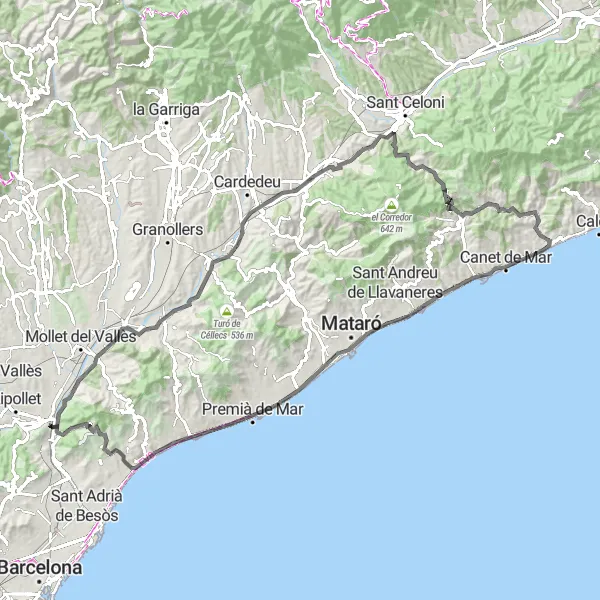 Map miniature of "Exploring Coastal Landscapes" cycling inspiration in Cataluña, Spain. Generated by Tarmacs.app cycling route planner