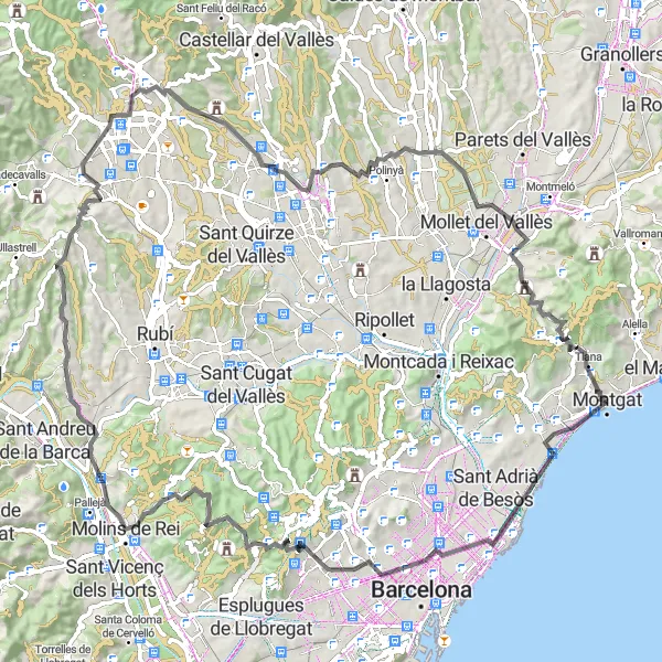 Miniature de la carte de l'inspiration cycliste "Parcours de route de 98km avec défis" dans la Cataluña, Spain. Générée par le planificateur d'itinéraire cycliste Tarmacs.app