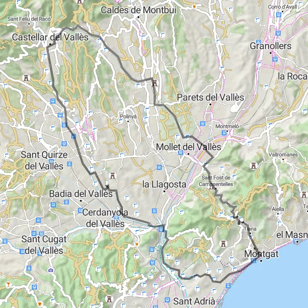 Miniatua del mapa de inspiración ciclista "Ruta Montgat - Turó de les Bateries" en Cataluña, Spain. Generado por Tarmacs.app planificador de rutas ciclistas