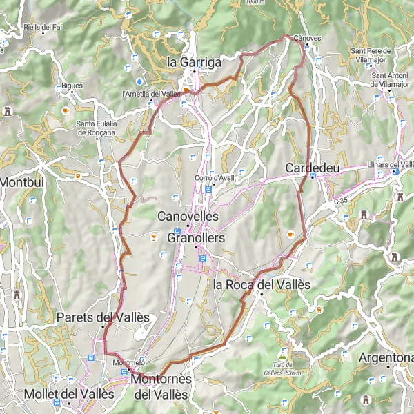Map miniature of "Montmeló - Mirador del Puig del Castell de Samalús Loop" cycling inspiration in Cataluña, Spain. Generated by Tarmacs.app cycling route planner
